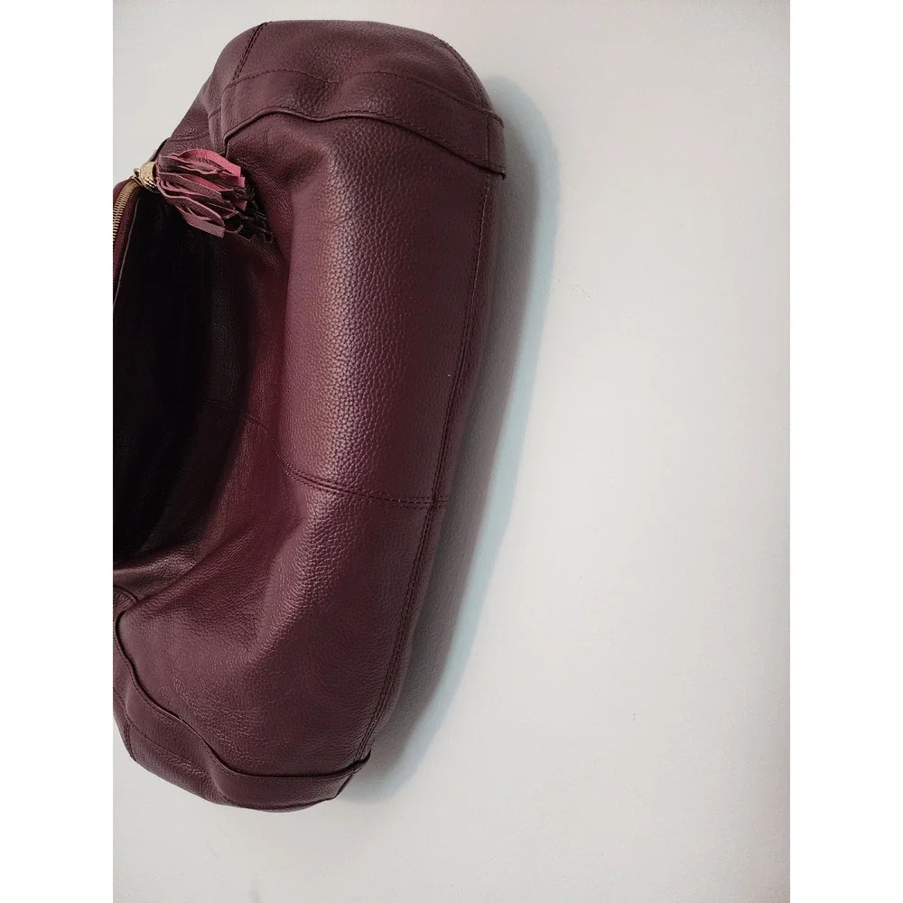 Onna Ehrlich Plum Pebbled Leather Hobo Bag Whipstitch Tassel Gold Hardware